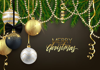 Merry Christmas postcard design, decorative balls, beads, fir tree branches, vector illustration