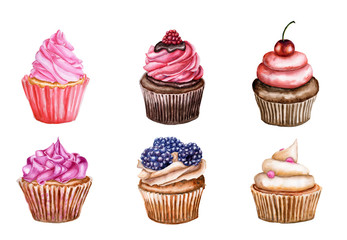 Watercolor set of cupcakes with cream and berry. Cakes is isolated on white background. Muffins for cafe and pastry shop