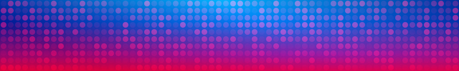 Abstract horizontal banner or background of small circles or pixels in blue and purple colors.