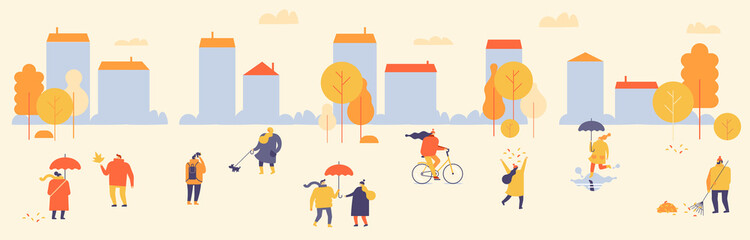 Autumn park with people horizontal banner. People in warm clothes having fun outdoors in urban park. Flat Vector illustration.
