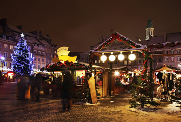 Holiday decorations of Warsaw. Old market square. Poland
