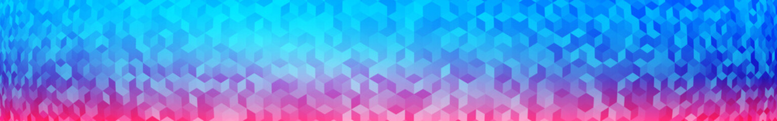 Abstract horizontal banner or background of small isometric cubes in blue and purple colors with the fish eye effect.