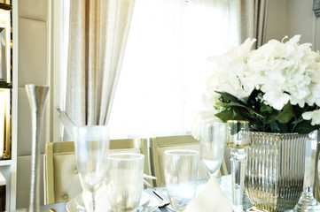  Modern luxury room interior decor with Bouq on the Window place and space at the dining-room.