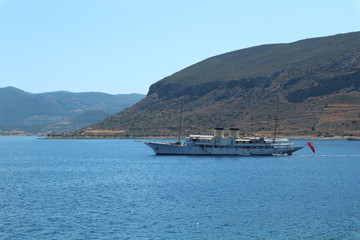 Vintage yacht in the Mediterranean sea, near Monemvasia, Peloponnese, Greece