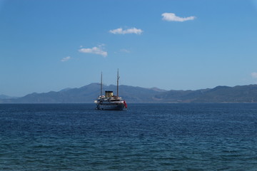Vintage yacht in the Mediterranean sea, near Monemvasia, Peloponnese, Greece