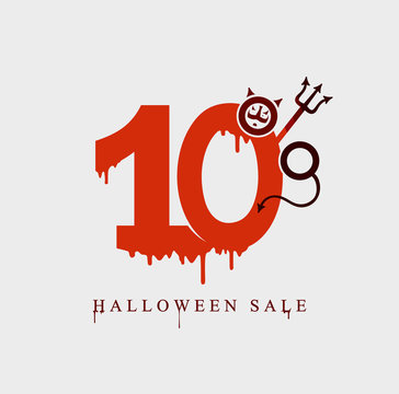 Halloween Sale vector template banner of holiday sale ten percent discount. Red stains drawn figures 10%. The pitchfork devil and horns feature in the form of a percent sign. 
