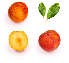 Yellow and orange plums (variety known as honey or mirabelle) isolated on white background. They include whole plums, segments and leaves. Color yellow, orange, orange. 