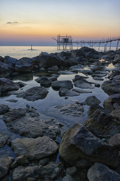 Italy, Abruzzo, San Vito Chietino, Trabocchi coast, Trabocco Turchino at sunrise