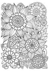 Outline vector drawing of flowers for adult coloring books. Page of floral pattern in black and white