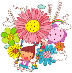 Girl sitting on swing with flowers in background