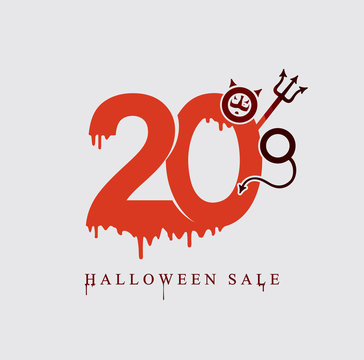 Halloween Sale. Vector template banner of holiday sale twenty percent discount. Red stains drawn figures 20%. The pitchfork devil and horns feature in the form of a percent sign. 
