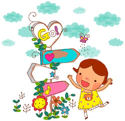 Girl standing by post with directional sign