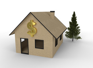3D render of cardboard house with dollar symbol.