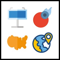 geography vector icons set. maps and flags, planet earth, united states and comet in this set.