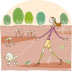 Obraz premium Woman with dog walking on road