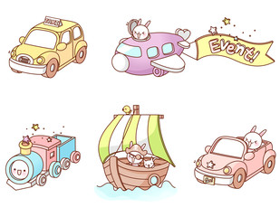 Variation of vehicles displayed in a row against white background