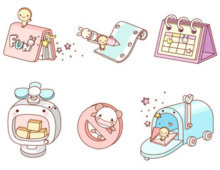 Variation of colorful objects displayed in a row against white background