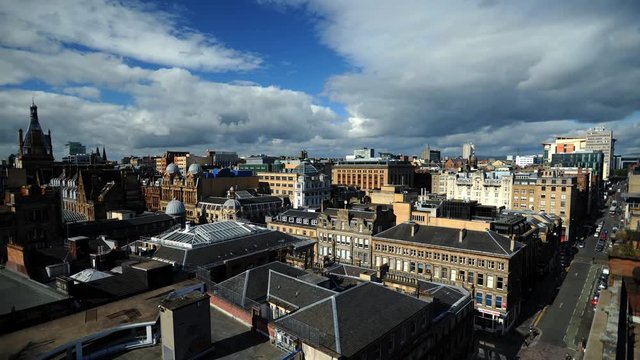 Time Lapse Aerial View Glasgow City Skyline Apartment Buildings And Cars Traffic