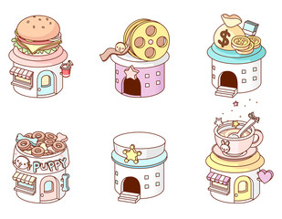 Variation of colorful objects displayed in a row against white background