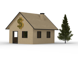 3D render of cardboard house with dollar symbol.