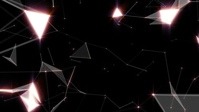Discharges in space. Dolly zoom. Frame of particles. Approximation and distance of clusters of moving particles. Multi-colored radiance. Abstract business plexus background. Seamless loop.