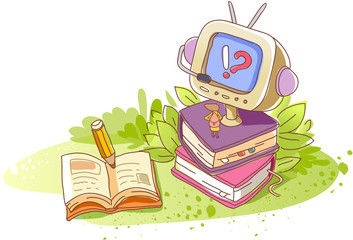 Open book with pencil by computer