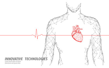 Man silhouette healthy heart beats 3d medicine model low poly. Triangle connected dots glow point online doctor. Pulse internal body modern innovative technology render vector illustration