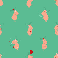 Seamless Pattern With Pink Moose.