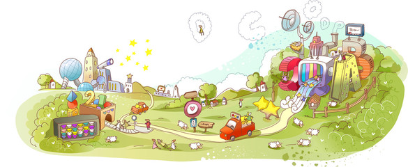 Obraz premium Colorful illustration cars moving through park