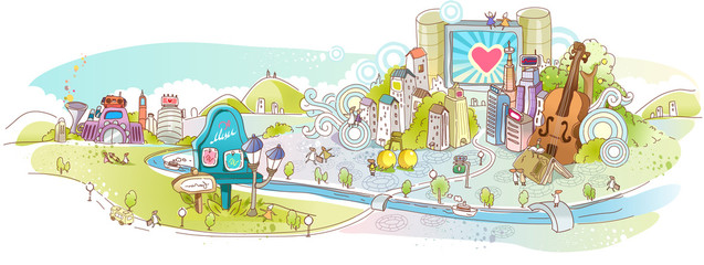 Illustration of urban scene with oversized musical instrument