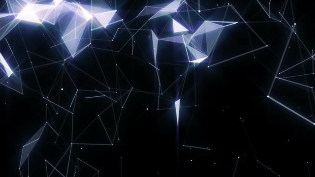 Blue Scale. Flickering of particles. Flickering triangles. Dolly zoom. Frame of particles. Approximation and distance of clusters of moving particles. Blue glow. Abstract business plexus background
