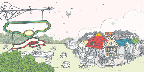 Roadside cafe by buildings and hot air balloon flying against sky