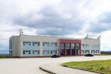 Jaslo, Poland - Sept 9 2018: Modern school. Gym and backyard.Place of school events and sport activities. Education of schoolchildren. Healthy lifestyle. Construction of educational institutions.