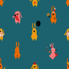 Seamless pattern with cute rabbit. Funny background for nursery, wallpaper or any textile surface. 