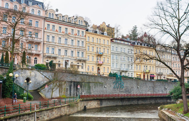 Historic city center with river of the spa town Karlovy Vary. Czech republic