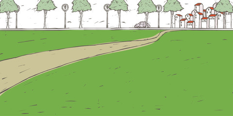 Obraz premium Car moving on path lined by trees with roofed houses in background