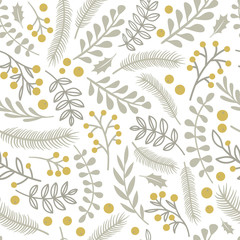 Seamless pattern with spruce branches, leafs and berries. Winter pattern. Christmas packaging, textiles, wallpaper. Vector illustration.