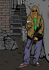 Man standing on the street holding a handgun and narcotics