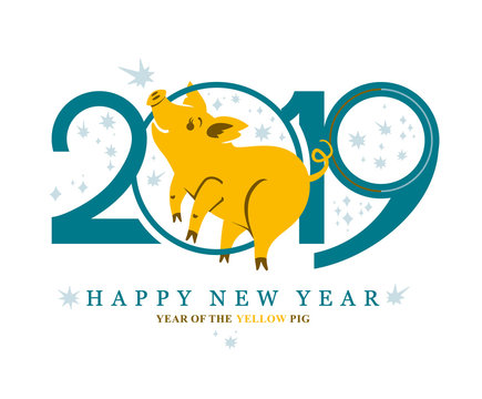 Simple card with a Yellow Pig in circle. New Year's design. 2019