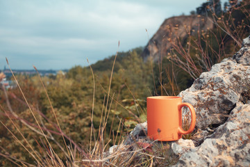 Obraz premium Orange cup of tea on a background of mountains