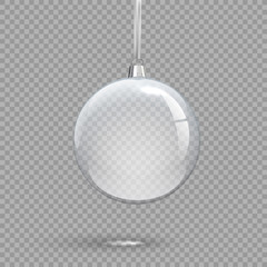 Transparent Christmas ball isolated on transparent background. Vector holiday design element.