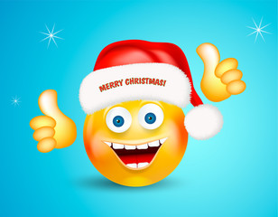 Happy smiling round face wearing a red santa claus hat with lettering merry christmas showing thumbs up on bright blue background. Cartoon character. Icon