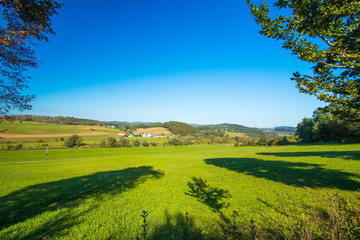      Croatian countryside landscape, panoramic view of river Dobra in Novigrad, Karlovac county 