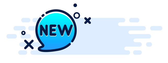 Creative banner with New sign with blue cartoon speech bubble.