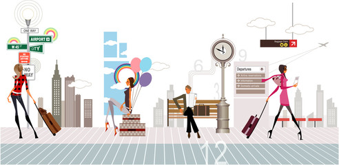 Four women on the sidewalk on a city