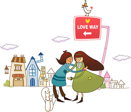 Couple embracing each other under a signboard