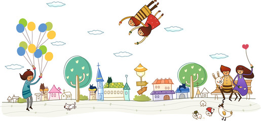 Fototapeta premium Couple sitting on a bench with another couple flying in the sky and a man holding balloons