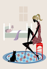 Side profile of a woman sitting on a stool with her cat