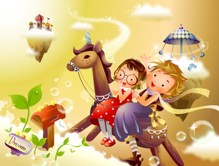 Obraz na płótnie Canvas Side profile of two girls riding a wooden unicorn