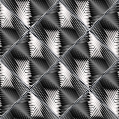 Geometric abstract textured 3d seamless pattern. Black and white striped surface vector background. Modern tiled otnament. Geometrical shapes, rhombus, stripes, lines, frames, zigzag. Stitching design